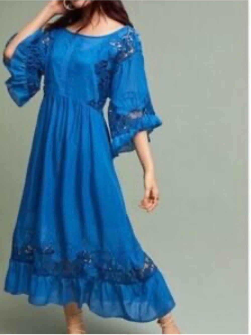 Anthropologie Vibrant Blue Embroidered Maxi Dress with Fluted Sleeves